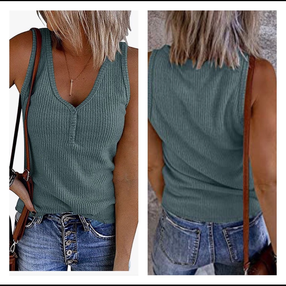 NWT V Neck Tank Top  Sleeveless Ribbed Button